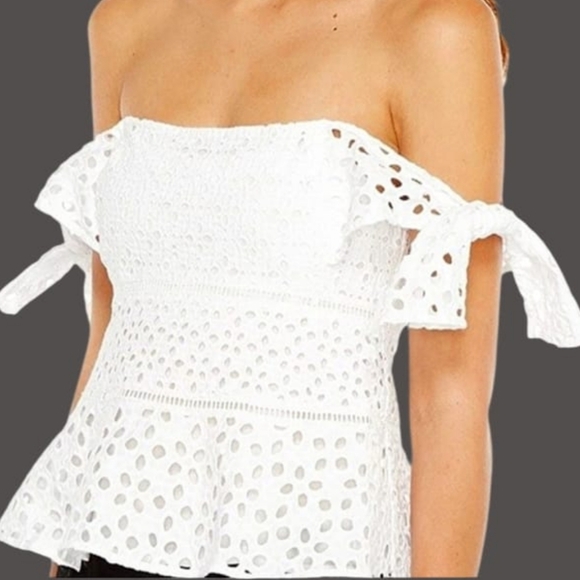 NWT Rebecca Taylor Amora Off The Shoulder Eyelet Lace Peplum Top White Size 8 - Picture 3 of 16